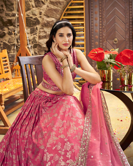Dashing Salmon Pink Zari Dola Silk Jacquard Embroidered Wedding Lehenga Choli Set