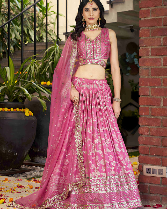 Voguish Cherry Pink Zari Dola Silk Jacquard Embroidered Wedding Lehenga Choli Set