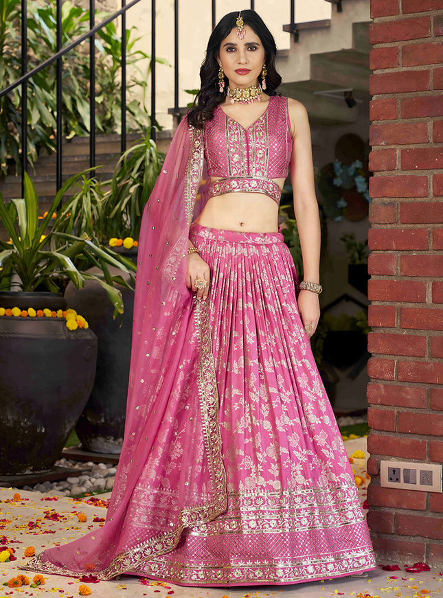 Voguish Cherry Pink Zari Dola Silk Jacquard Embroidered Wedding Lehenga Choli Set