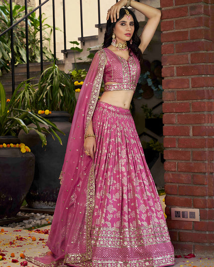 Voguish Cherry Pink Zari Dola Silk Jacquard Embroidered Wedding Lehenga Choli Set