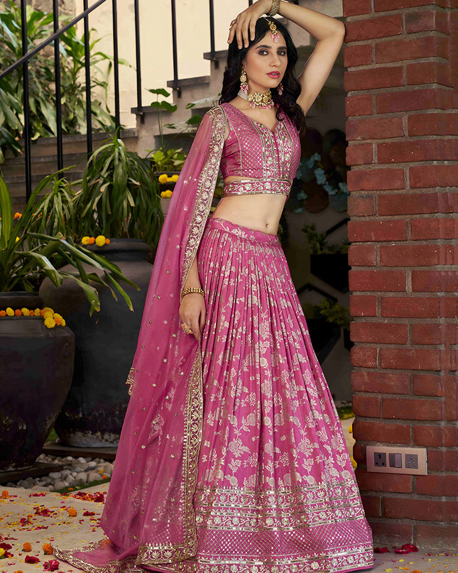 Voguish Cherry Pink Zari Dola Silk Jacquard Embroidered Wedding Lehenga Choli Set