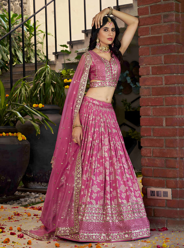 Voguish Cherry Pink Zari Dola Silk Jacquard Embroidered Wedding Lehenga Choli Set