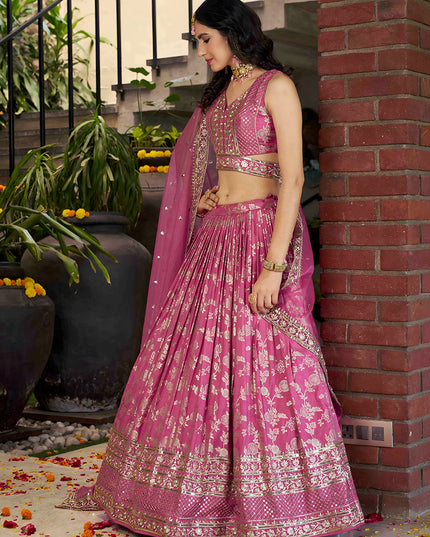 Voguish Cherry Pink Zari Dola Silk Jacquard Embroidered Wedding Lehenga Choli Set