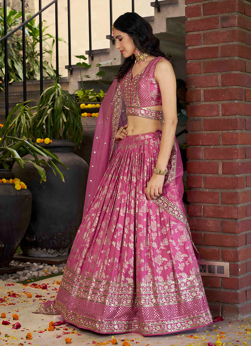 Voguish Cherry Pink Zari Dola Silk Jacquard Embroidered Wedding Lehenga Choli Set