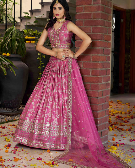 Voguish Cherry Pink Zari Dola Silk Jacquard Embroidered Wedding Lehenga Choli Set