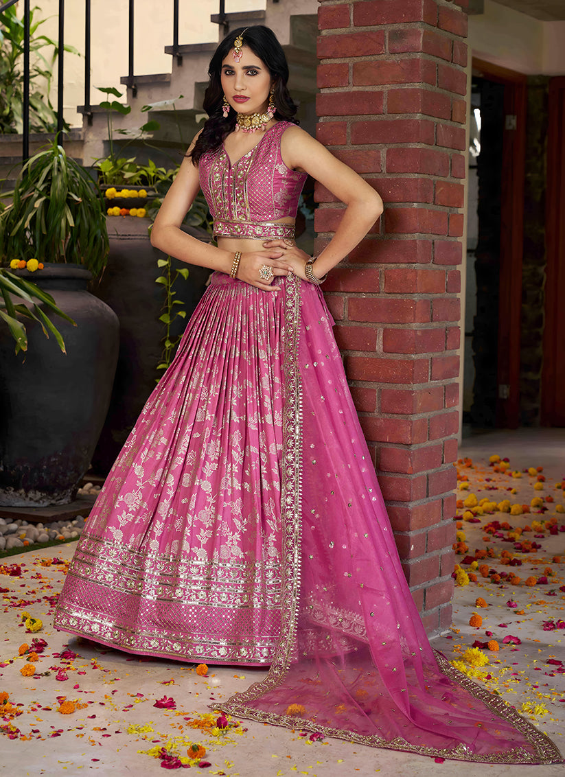 Voguish Cherry Pink Zari Dola Silk Jacquard Embroidered Wedding Lehenga Choli Set