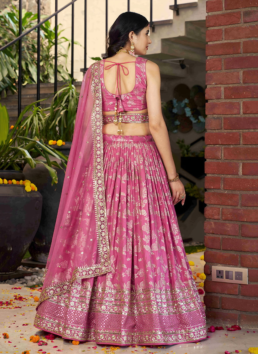 Voguish Cherry Pink Zari Dola Silk Jacquard Embroidered Wedding Lehenga Choli Set