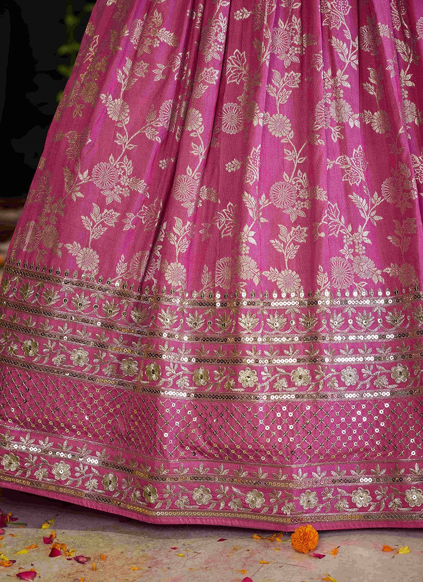 Voguish Cherry Pink Zari Dola Silk Jacquard Embroidered Wedding Lehenga Choli Set
