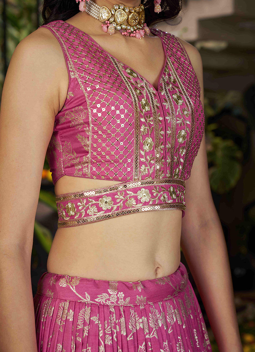 Voguish Cherry Pink Zari Dola Silk Jacquard Embroidered Wedding Lehenga Choli Set