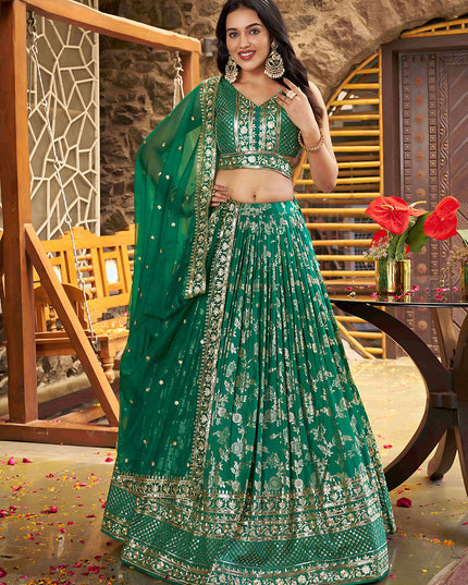 Trendsetting Rama Green Zari Dola Silk Jacquard Embroidered Wedding Lehenga Choli Set