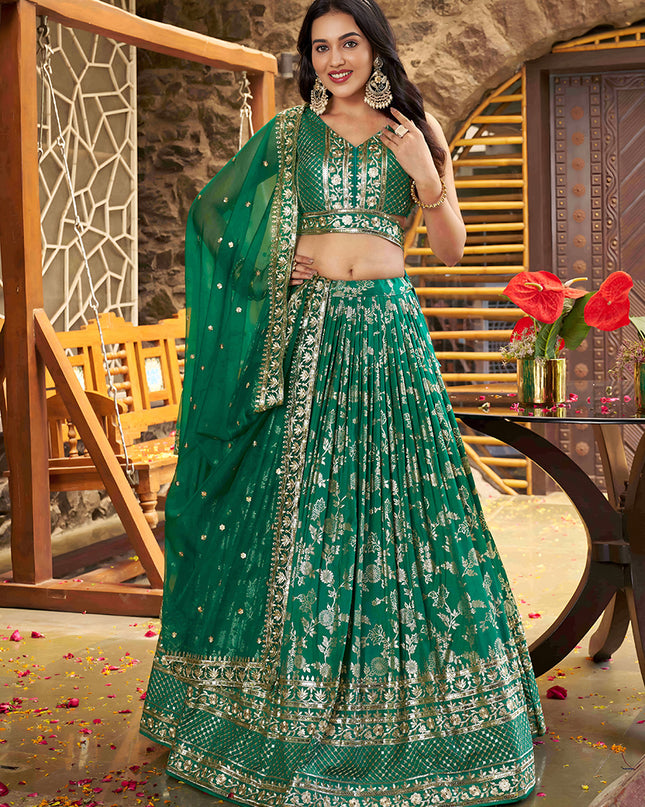 Trendsetting Rama Green Zari Dola Silk Jacquard Embroidered Wedding Lehenga Choli Set