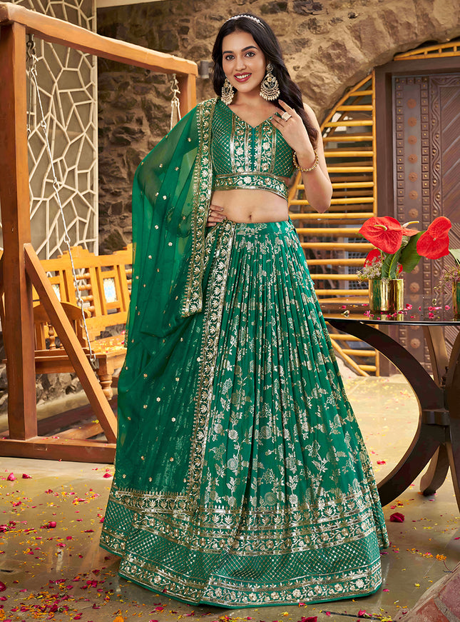 Trendsetting Rama Green Zari Dola Silk Jacquard Embroidered Wedding Lehenga Choli Set