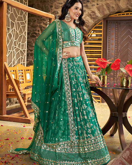 Trendsetting Rama Green Zari Dola Silk Jacquard Embroidered Wedding Lehenga Choli Set
