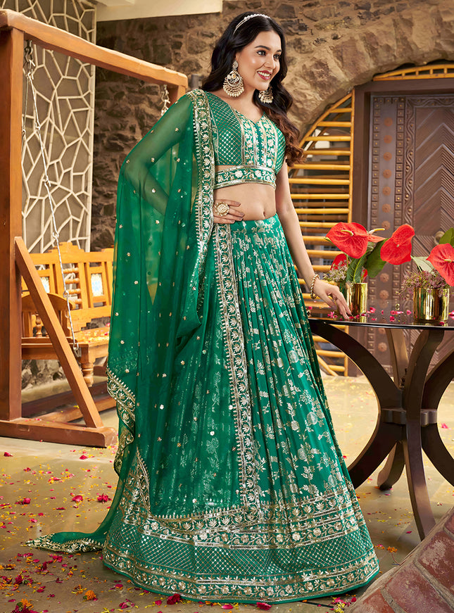 Trendsetting Rama Green Zari Dola Silk Jacquard Embroidered Wedding Lehenga Choli Set