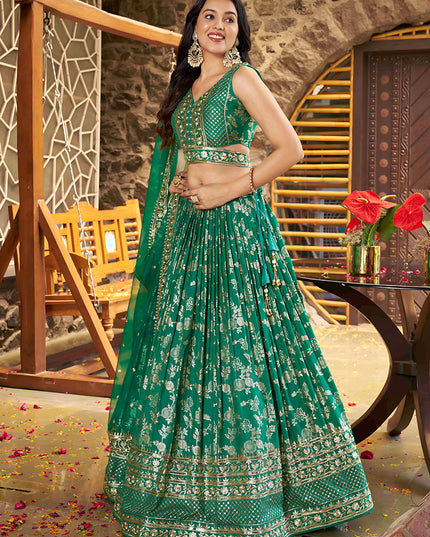 Trendsetting Rama Green Zari Dola Silk Jacquard Embroidered Wedding Lehenga Choli Set
