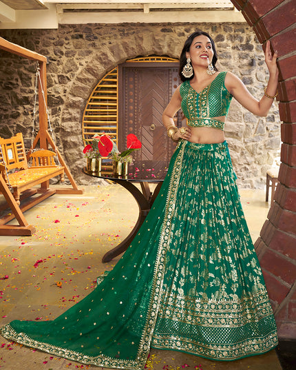 Trendsetting Rama Green Zari Dola Silk Jacquard Embroidered Wedding Lehenga Choli Set