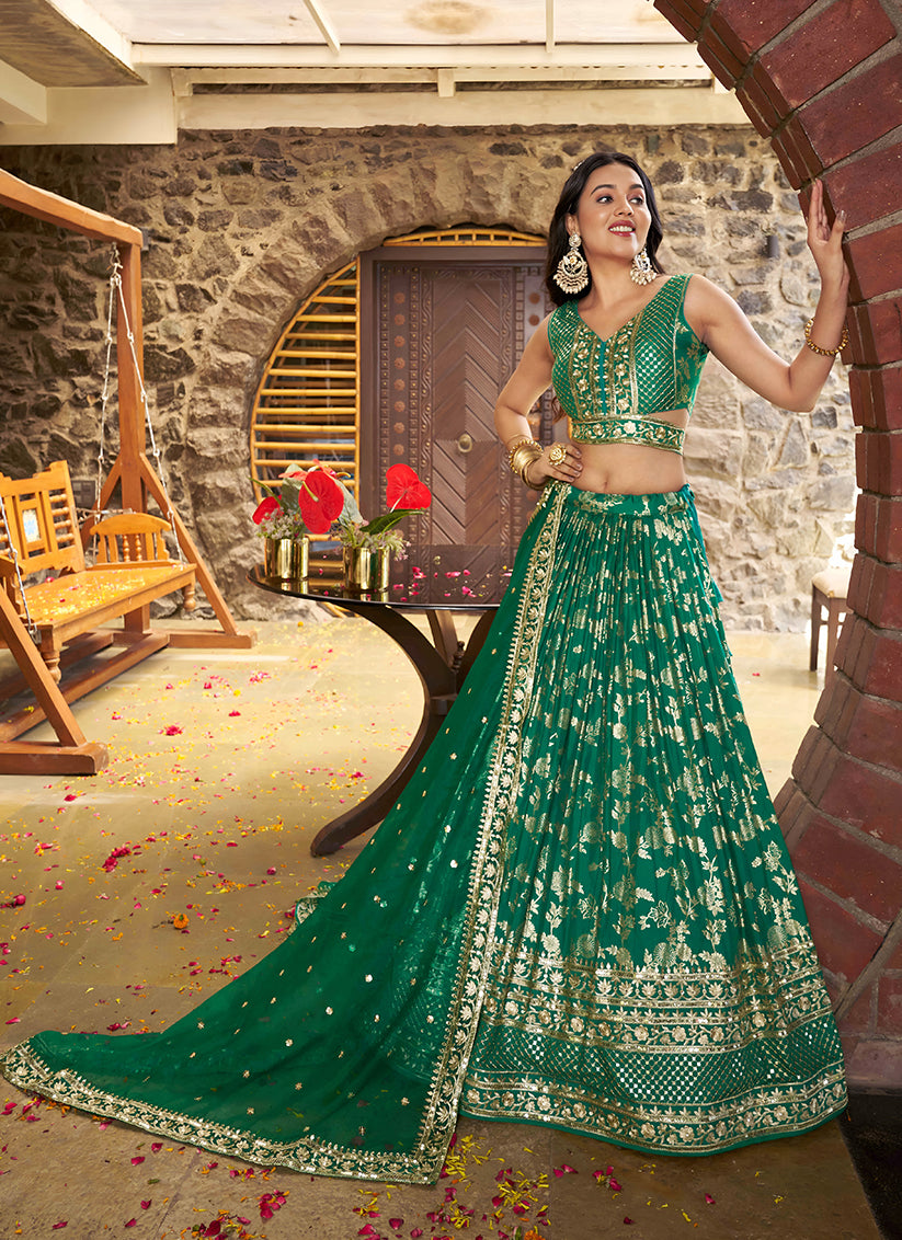 Trendsetting Rama Green Zari Dola Silk Jacquard Embroidered Wedding Lehenga Choli Set