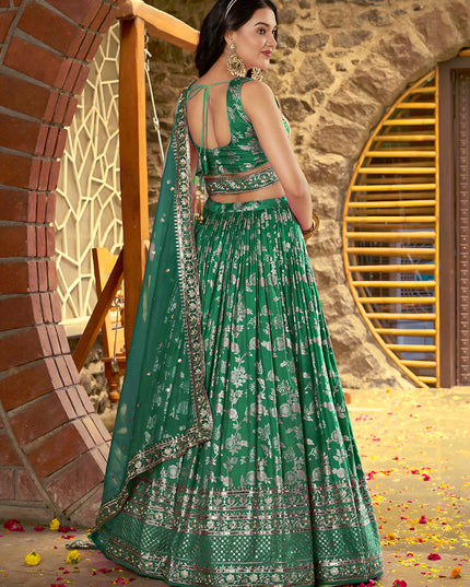 Trendsetting Rama Green Zari Dola Silk Jacquard Embroidered Wedding Lehenga Choli Set