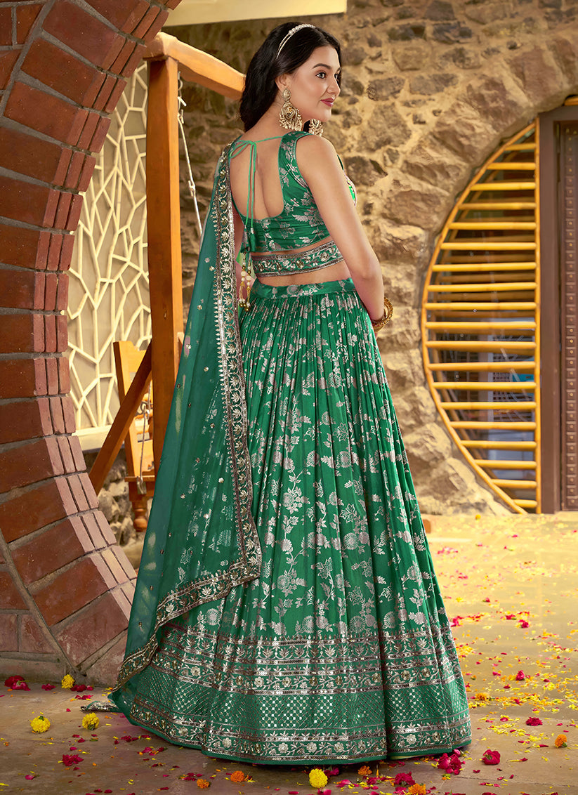 Trendsetting Rama Green Zari Dola Silk Jacquard Embroidered Wedding Lehenga Choli Set