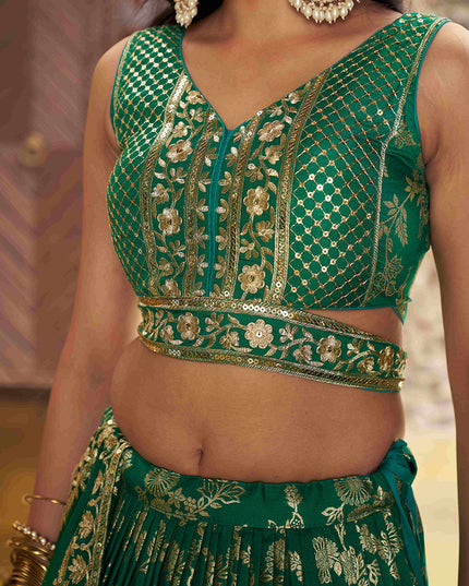 Trendsetting Rama Green Zari Dola Silk Jacquard Embroidered Wedding Lehenga Choli Set