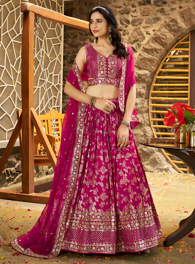 Immaculate Rani Pink Zari Dola Silk Jacquard Embroidered Wedding Lehenga Choli Set