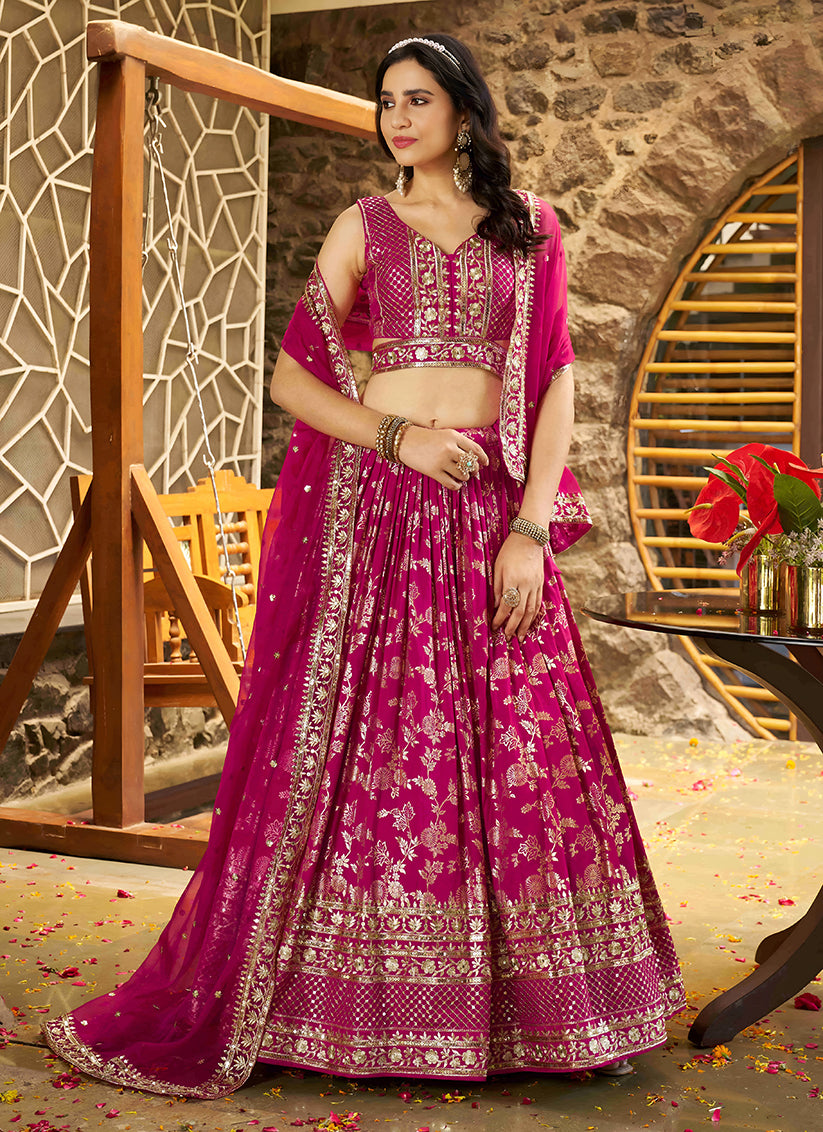 Immaculate Rani Pink Zari Dola Silk Jacquard Embroidered Wedding Lehenga Choli Set
