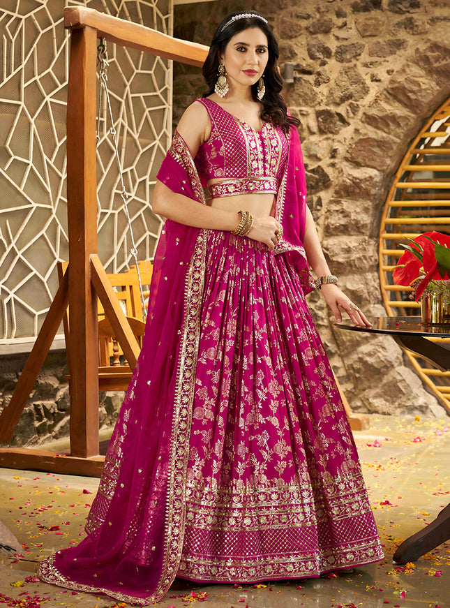 Immaculate Rani Pink Zari Dola Silk Jacquard Embroidered Wedding Lehenga Choli Set