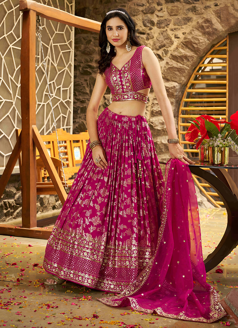 Immaculate Rani Pink Zari Dola Silk Jacquard Embroidered Wedding Lehenga Choli Set