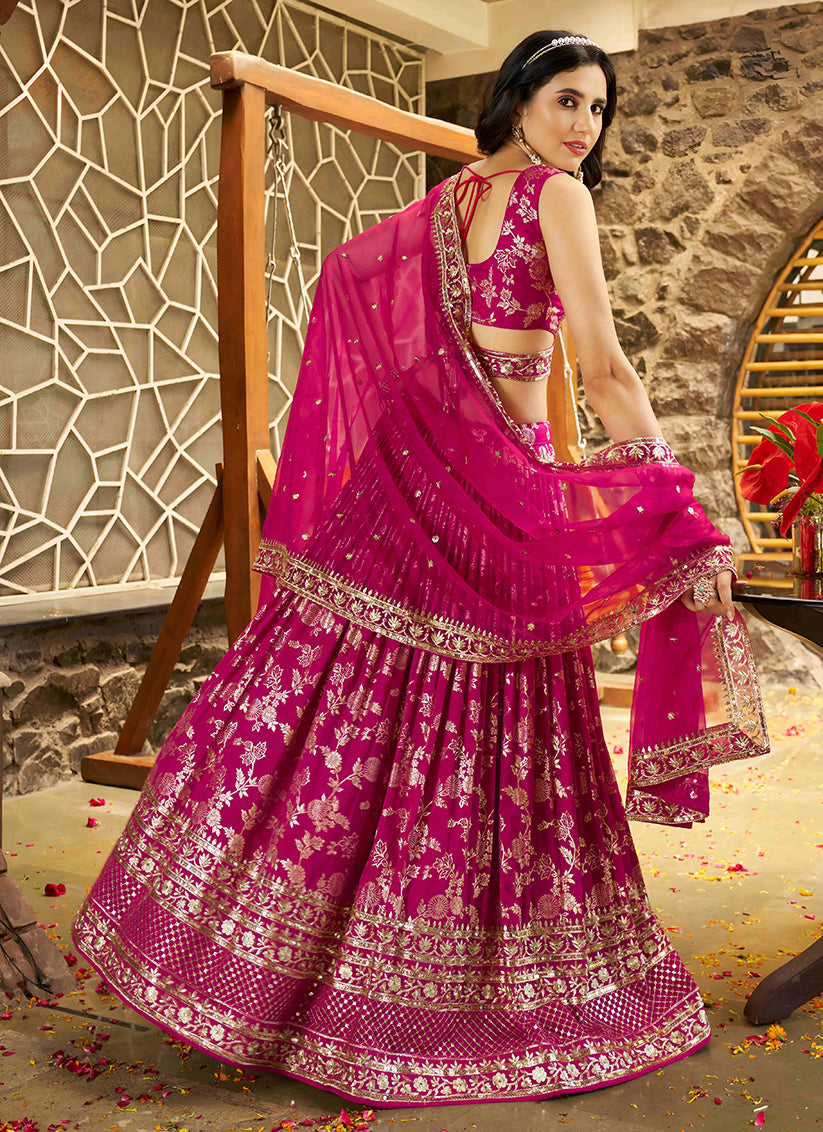 Immaculate Rani Pink Zari Dola Silk Jacquard Embroidered Wedding Lehenga Choli Set
