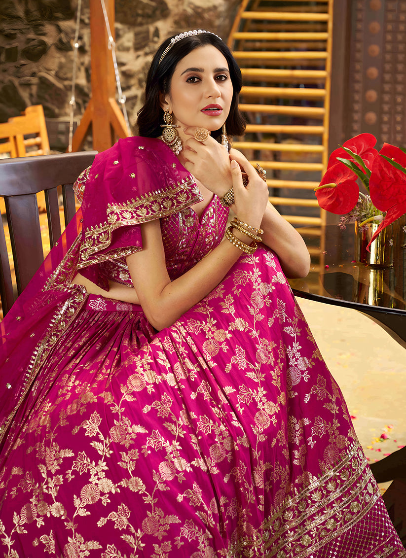 Immaculate Rani Pink Zari Dola Silk Jacquard Embroidered Wedding Lehenga Choli Set