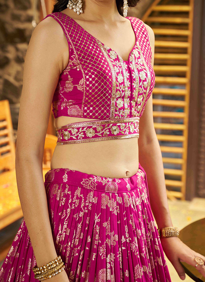 Immaculate Rani Pink Zari Dola Silk Jacquard Embroidered Wedding Lehenga Choli Set