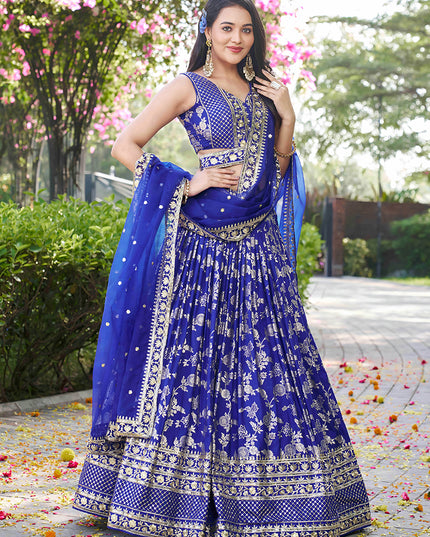 Beautiful Royal Blue Zari Dola Silk Jacquard Embroidered Wedding Lehenga Choli Set
