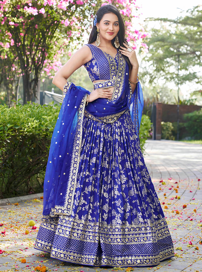 Beautiful Royal Blue Zari Dola Silk Jacquard Embroidered Wedding Lehenga Choli Set