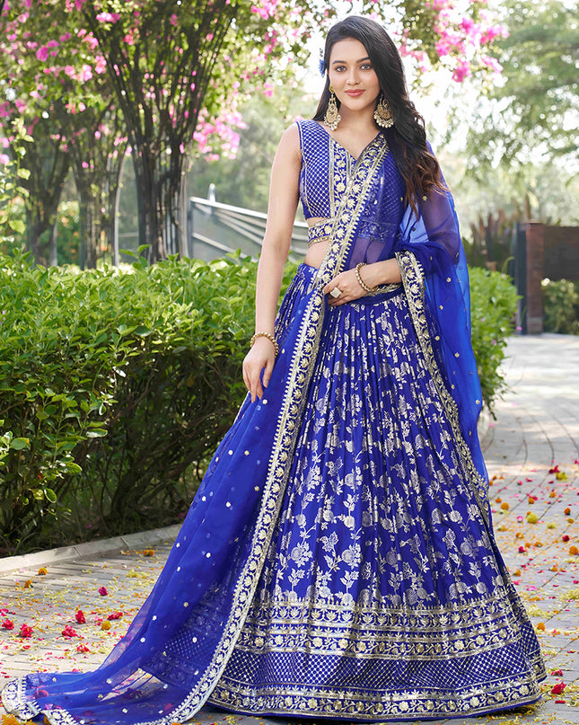 Beautiful Royal Blue Zari Dola Silk Jacquard Embroidered Wedding Lehenga Choli Set