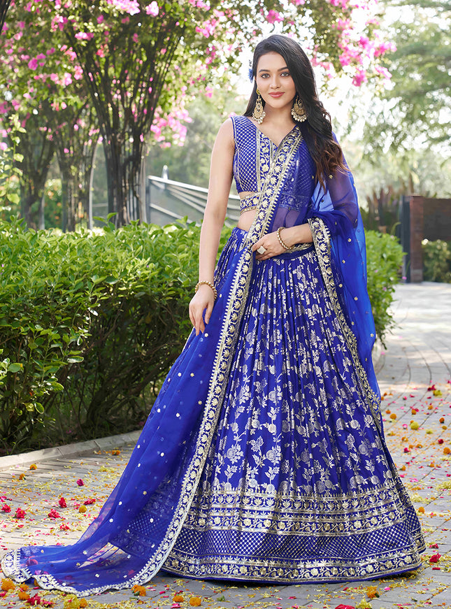 Beautiful Royal Blue Zari Dola Silk Jacquard Embroidered Wedding Lehenga Choli Set
