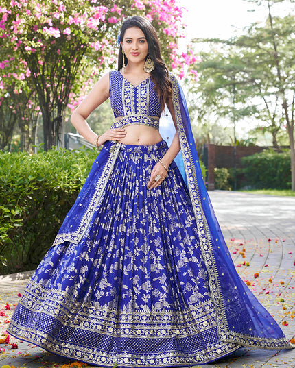 Beautiful Royal Blue Zari Dola Silk Jacquard Embroidered Wedding Lehenga Choli Set