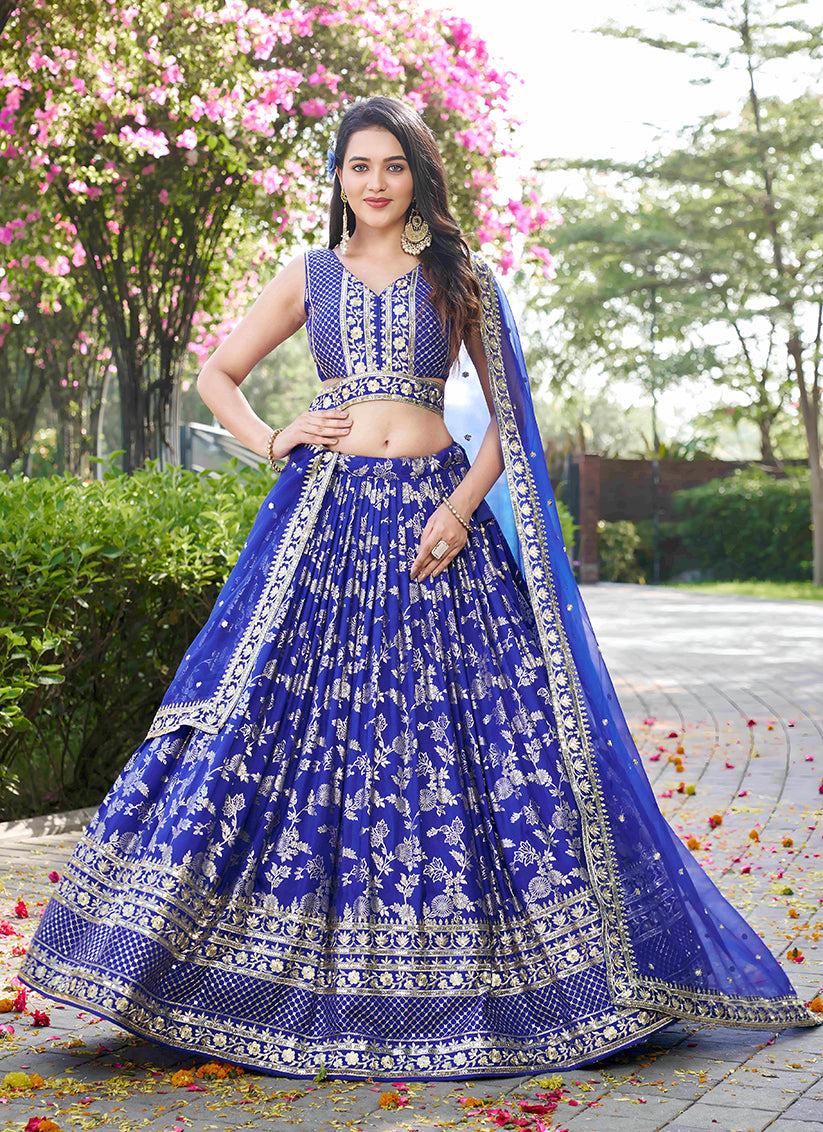 Beautiful Royal Blue Zari Dola Silk Jacquard Embroidered Wedding Lehenga Choli Set