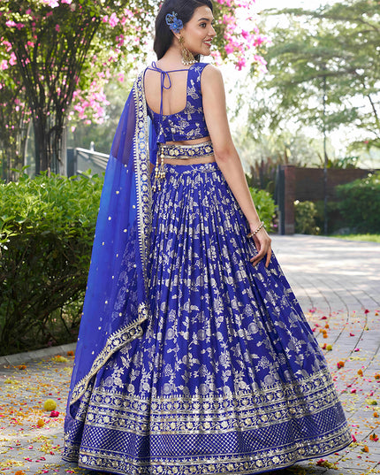Beautiful Royal Blue Zari Dola Silk Jacquard Embroidered Wedding Lehenga Choli Set