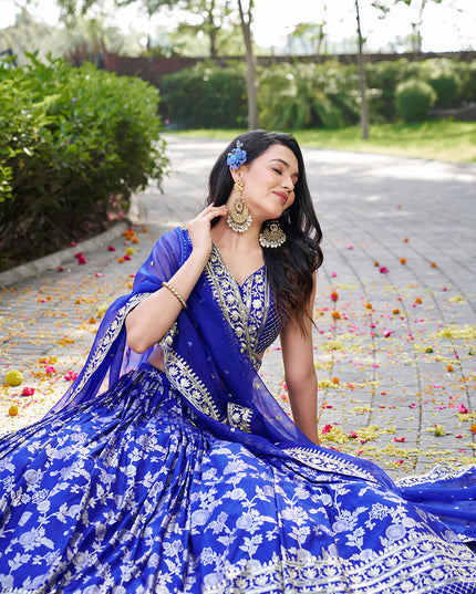 Beautiful Royal Blue Zari Dola Silk Jacquard Embroidered Wedding Lehenga Choli Set