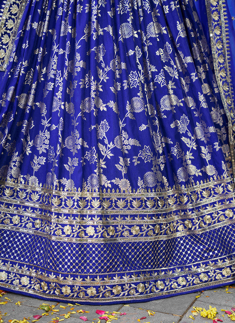 Beautiful Royal Blue Zari Dola Silk Jacquard Embroidered Wedding Lehenga Choli Set