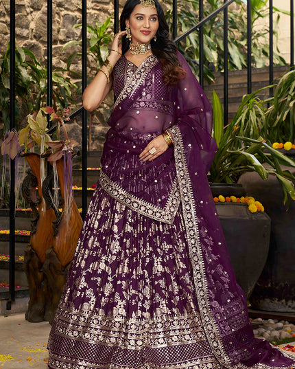 Charming Burgundy Zari Dola Silk Jacquard Embroidered Wedding Lehenga Choli Set