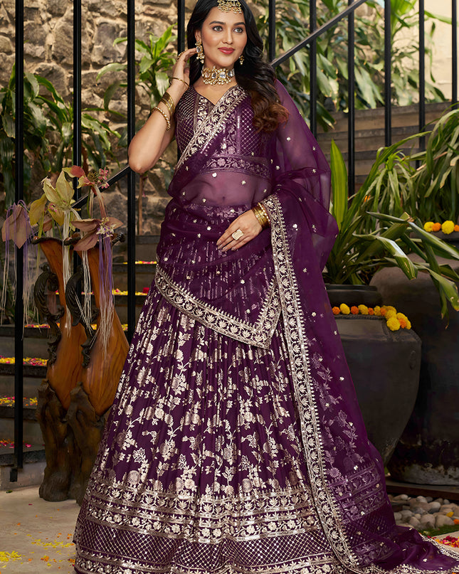 Charming Burgundy Zari Dola Silk Jacquard Embroidered Wedding Lehenga Choli Set