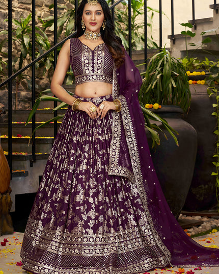 Charming Burgundy Zari Dola Silk Jacquard Embroidered Wedding Lehenga Choli Set