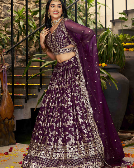 Charming Burgundy Zari Dola Silk Jacquard Embroidered Wedding Lehenga Choli Set