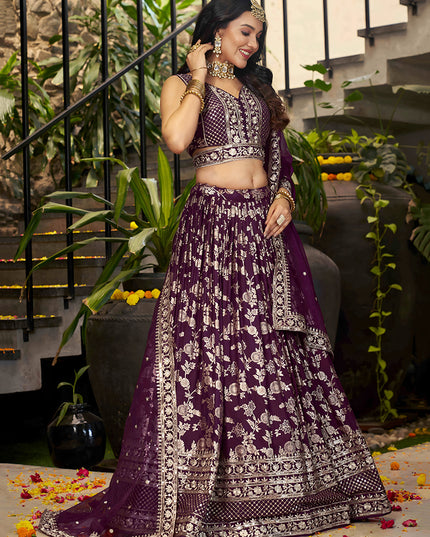 Charming Burgundy Zari Dola Silk Jacquard Embroidered Wedding Lehenga Choli Set