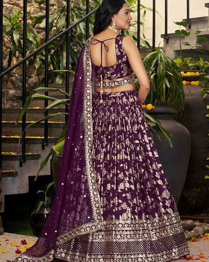 Charming Burgundy Zari Dola Silk Jacquard Embroidered Wedding Lehenga Choli Set