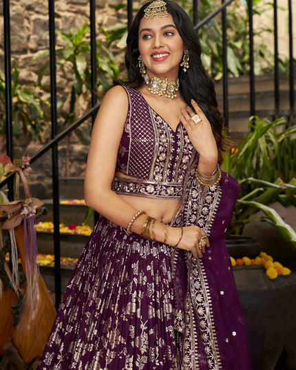 Charming Burgundy Zari Dola Silk Jacquard Embroidered Wedding Lehenga Choli Set