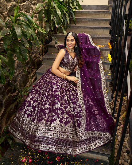 Charming Burgundy Zari Dola Silk Jacquard Embroidered Wedding Lehenga Choli Set