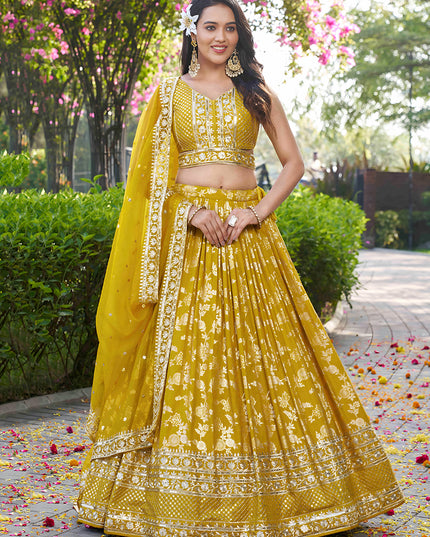 Attractive Maize Yellow Zari Dola Silk Jacquard Embroidered Wedding Lehenga Choli Set