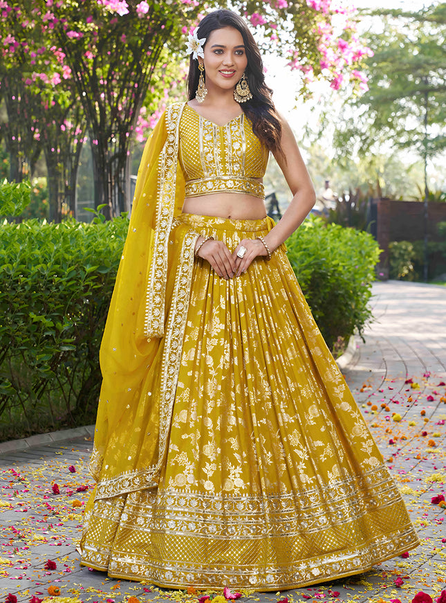 Attractive Maize Yellow Zari Dola Silk Jacquard Embroidered Wedding Lehenga Choli Set